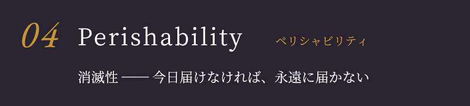 Perishability ペリシャビリティ 消滅性 ── 今日届けなければ、永遠に届かない